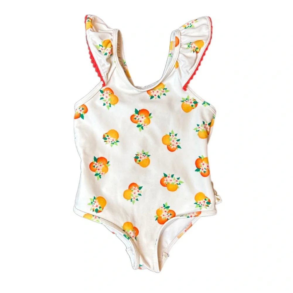 Kate spade white citrus print ruffled swimsuit size 24 months